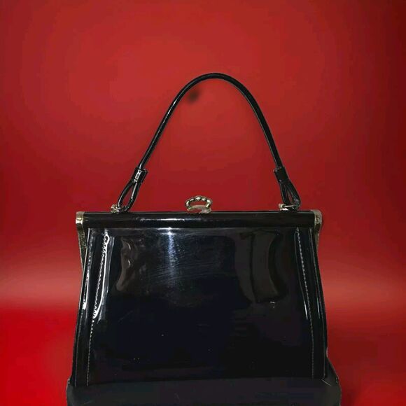 Vintage Handbags - Vintage 1950s 1960's Black Patent Leather Framed Purse Short handle Classy U.S.A